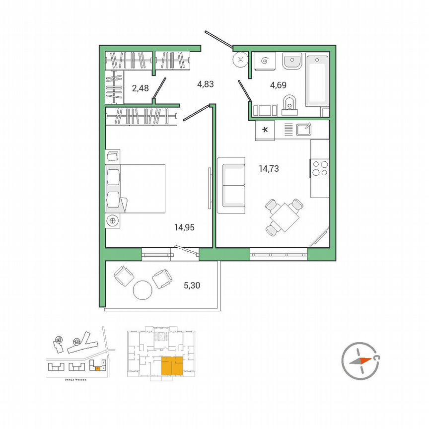 1-к. квартира, 43,5 м², 8/9 эт.