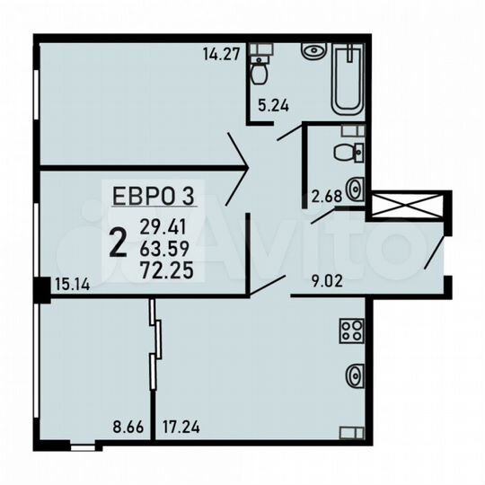 2-к. квартира, 72,3 м², 3/25 эт.
