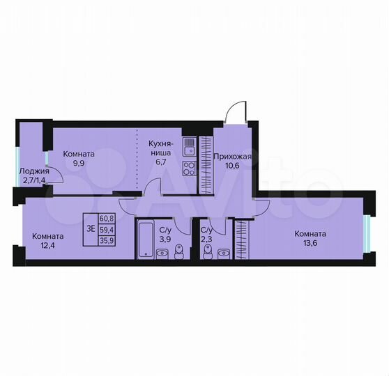 3-к. квартира, 60,8 м², 5/10 эт.