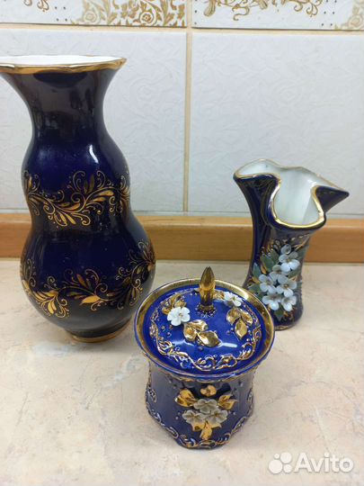 Лфз Золотая ромашка, кобальт тарелки, вазы