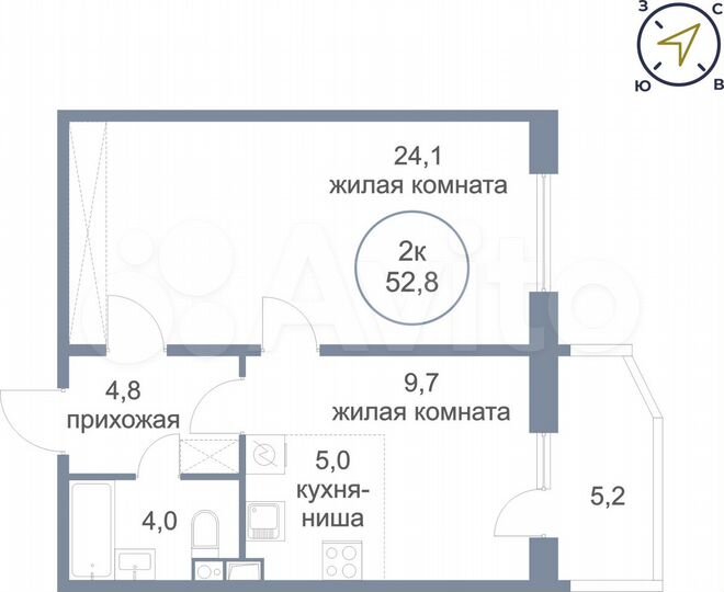 2-к. квартира, 52,8 м², 4/4 эт.