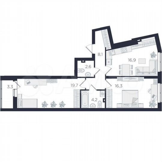 2-к. квартира, 69,3 м², 3/25 эт.