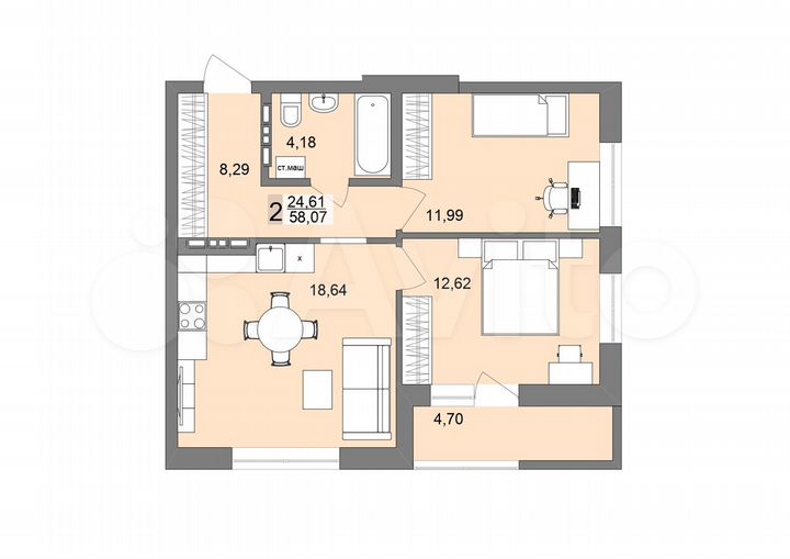 2-к. квартира, 57,8 м², 15/19 эт.
