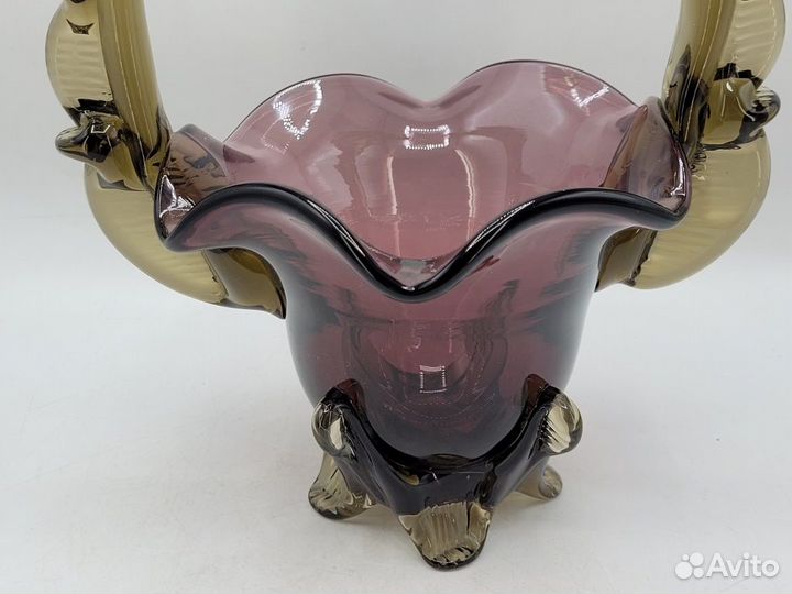 Ваза конфетница Корзинка цветное гутное стекло