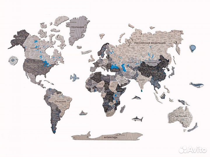 Деревянная карта мира настенная, Нижнекамск