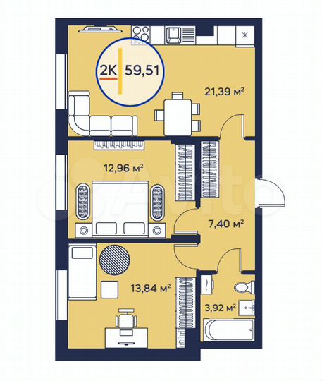 2-к. квартира, 59,6 м², 14/23 эт.