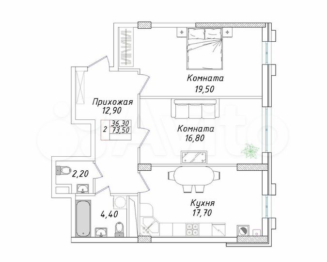 2-к. квартира, 73,5 м², 4/8 эт.