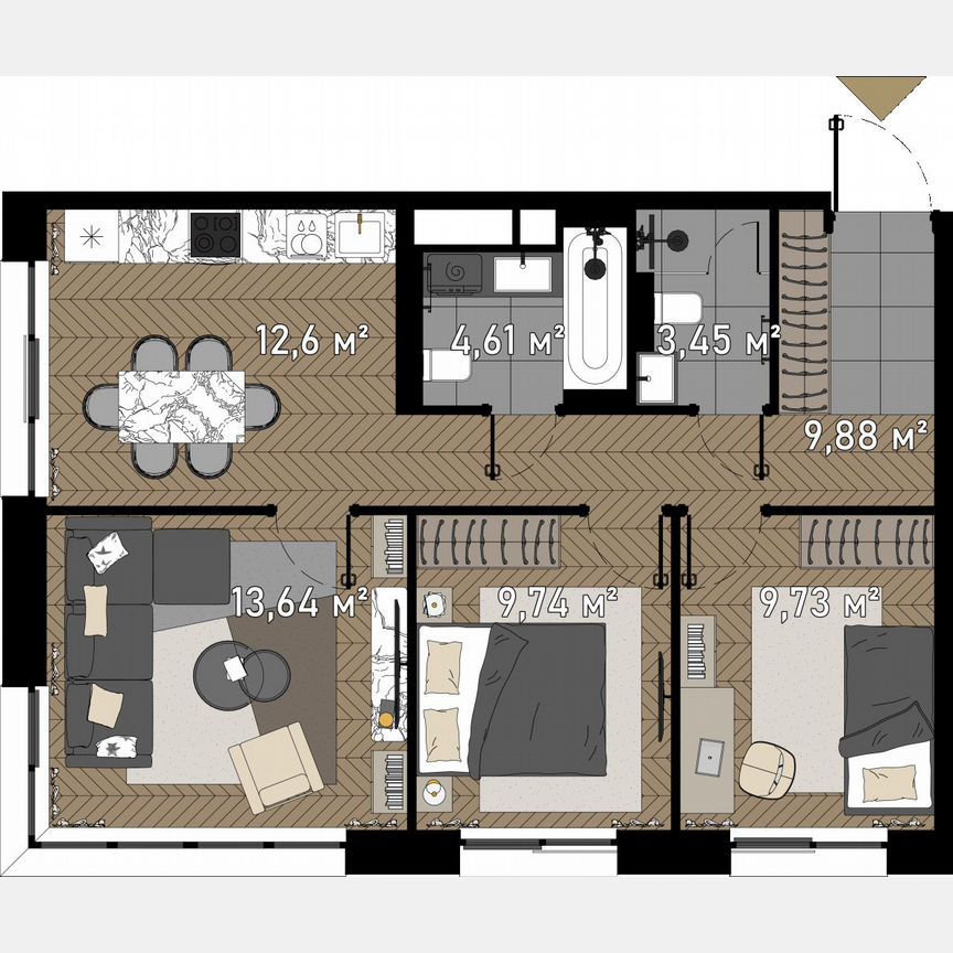 3-к. апартаменты, 63,5 м², 1/23 эт.