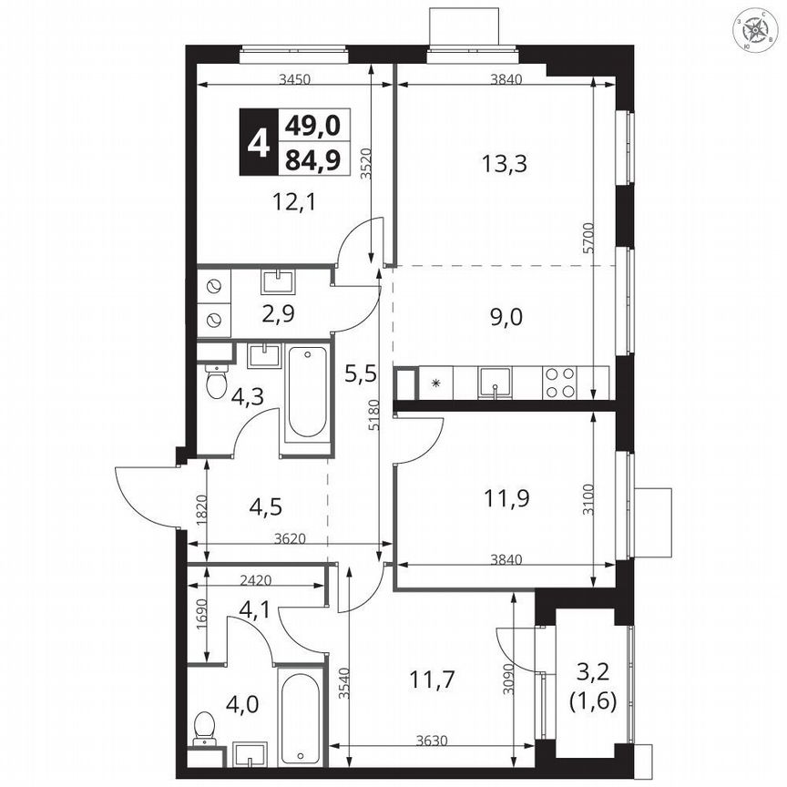 3-к. квартира, 84,9 м², 4/15 эт.