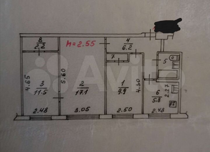 3-к. квартира, 56,3 м², 2/5 эт.