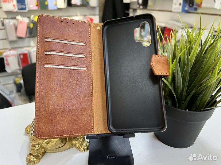 Чехол книжка Samsung A13 премиум кожа коричневый