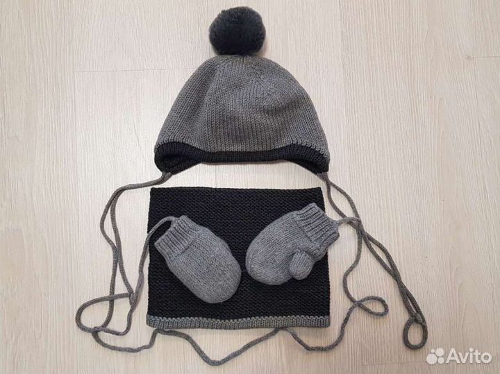 Комплект шапочка, снуд, варежки на 1-2 года