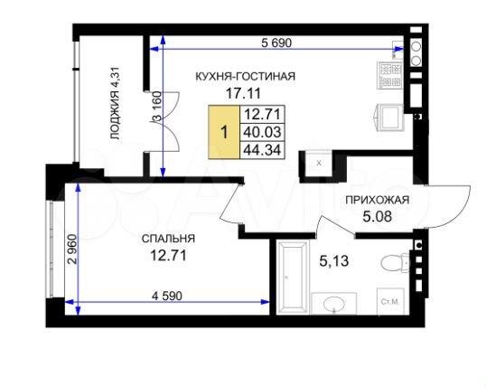 1-к. квартира, 44,3 м², 4/7 эт.