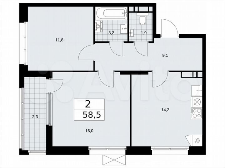 2-к. квартира, 58,5 м², 9/12 эт.