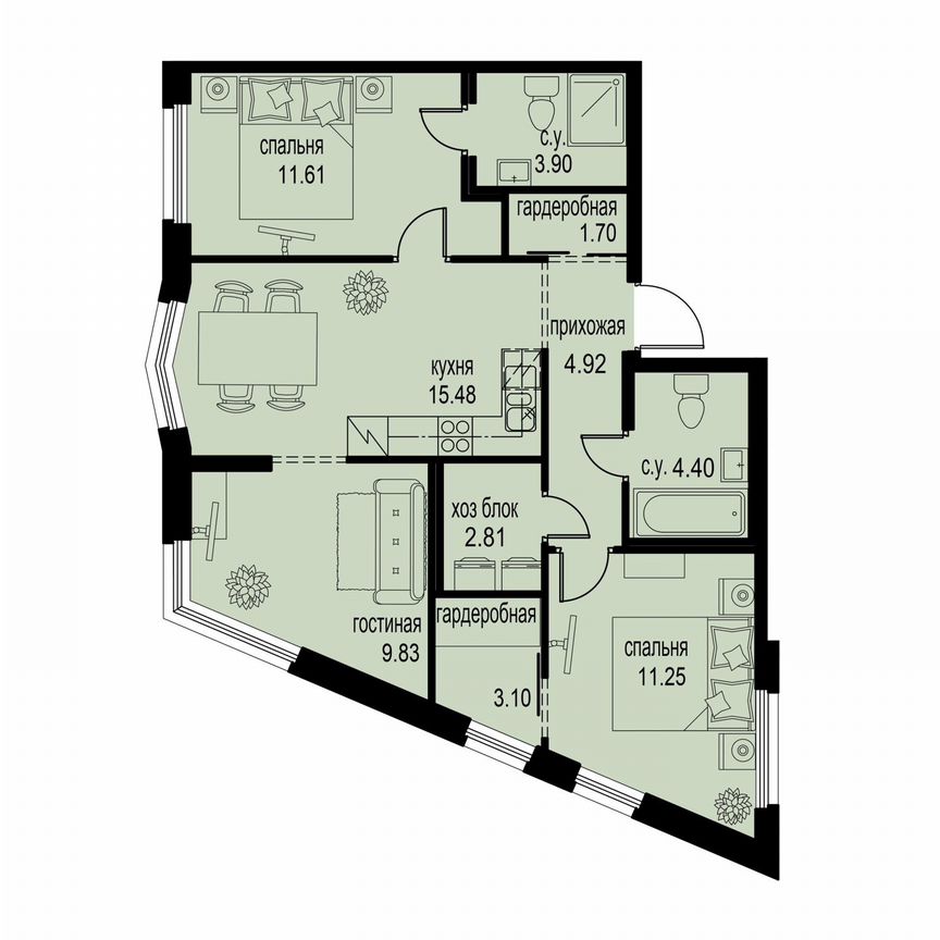 3-к. квартира, 69 м², 2/12 эт.