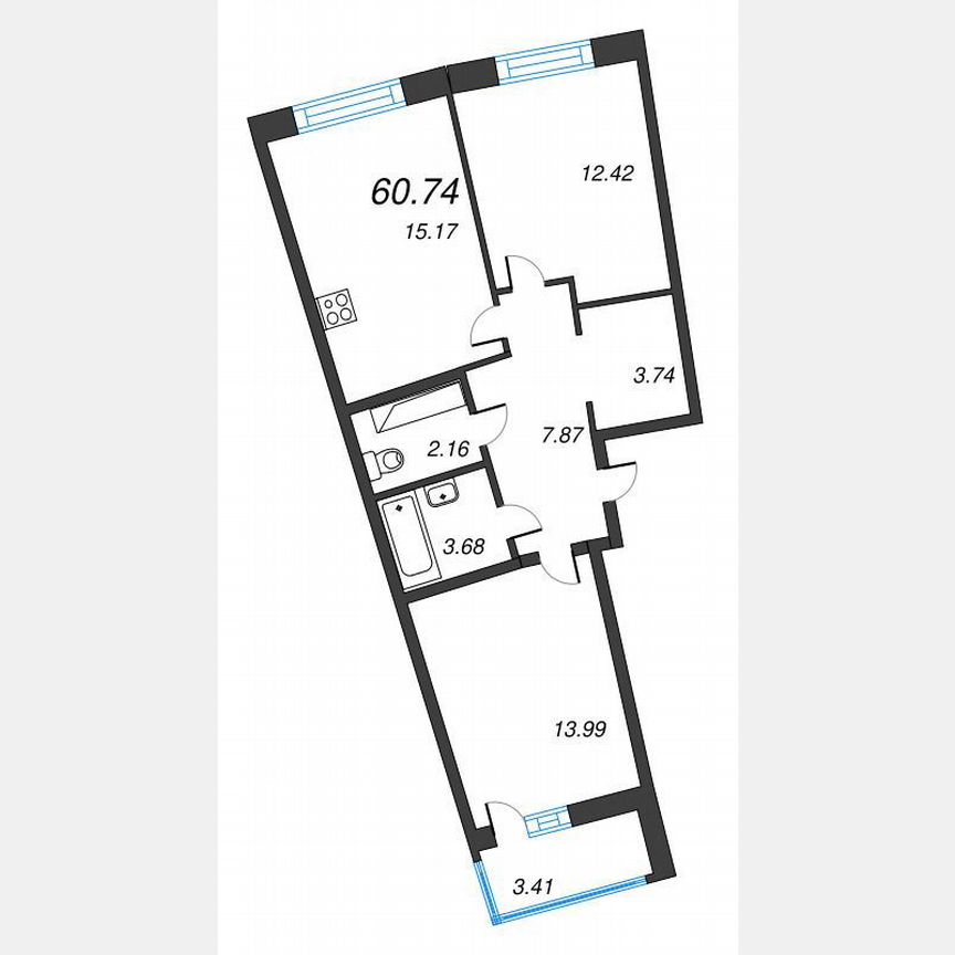 2-к. квартира, 62,4 м², 15/22 эт.