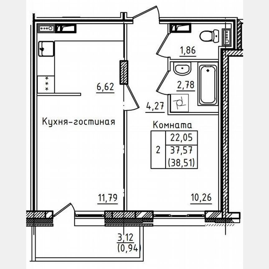 1-к. квартира, 38,5 м², 3/5 эт.