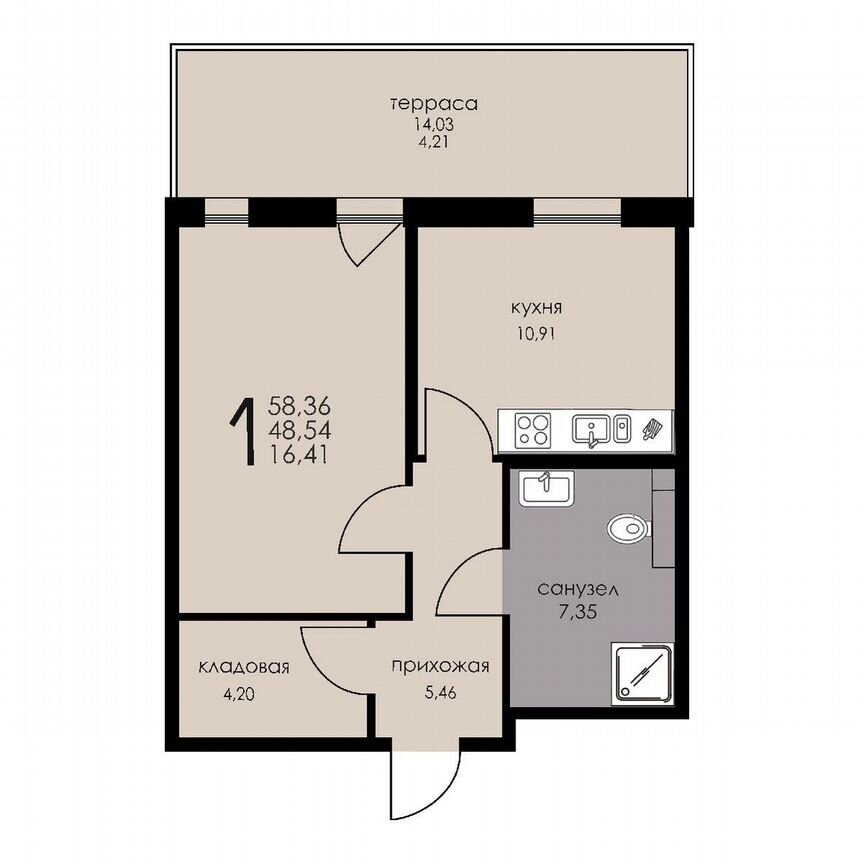 1-к. апартаменты, 48,5 м², 1/6 эт.
