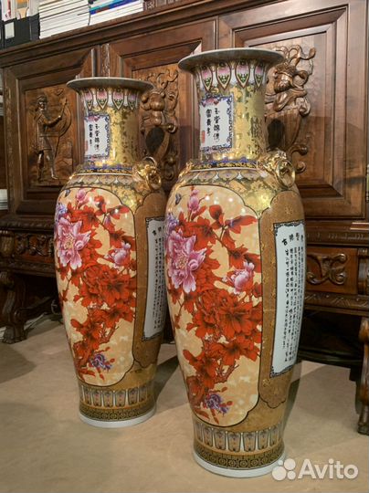 Вазы парные напольные каминные большие «Пионы»