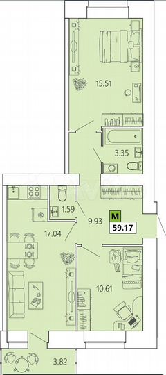 2-к. квартира, 59,2 м², 9/9 эт.