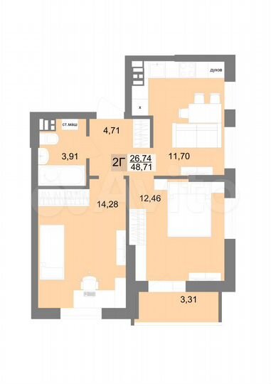 2-к. квартира, 48,7 м², 6/19 эт.
