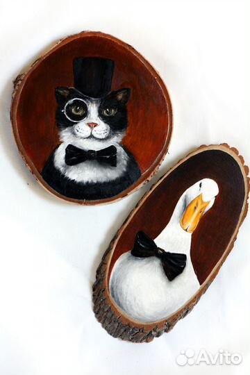 Картина на спиле березы Утя и Кот