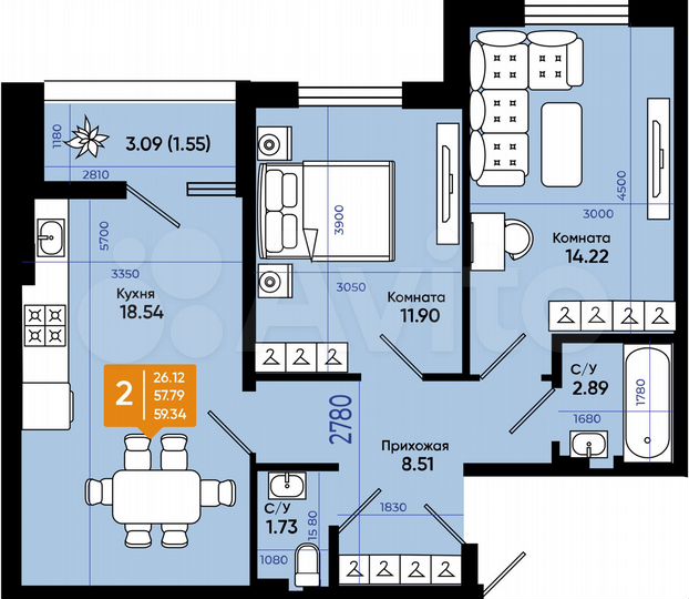 2-к. квартира, 58,5 м², 8/9 эт.