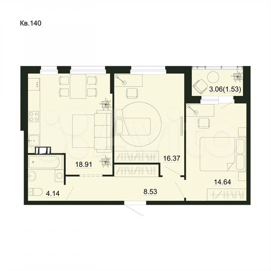 2-к. квартира, 64,1 м², 4/5 эт.