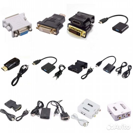 VGA, DVI, DVI-I, DVI-D, hdmi, RCA, DisplayPort, DP