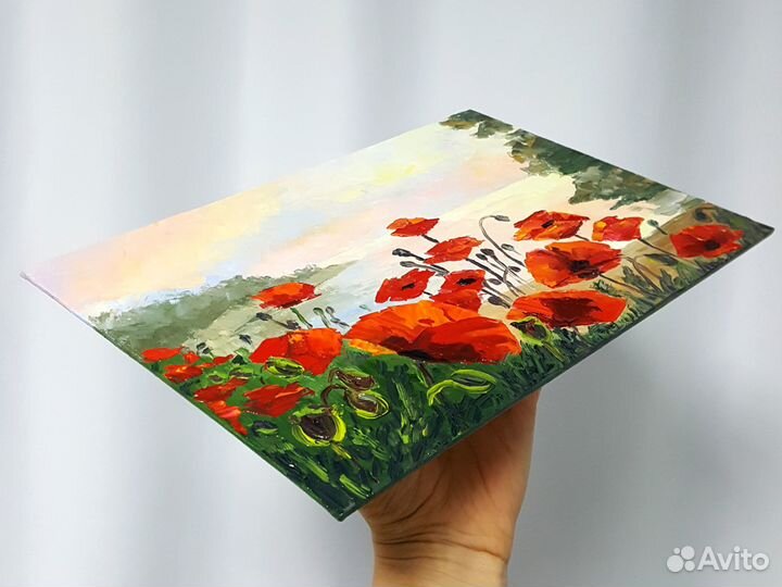 Картина Маки цветы маслом на холсте 20 на 30 см