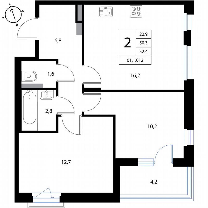 2-к. квартира, 52,4 м², 2/3 эт.