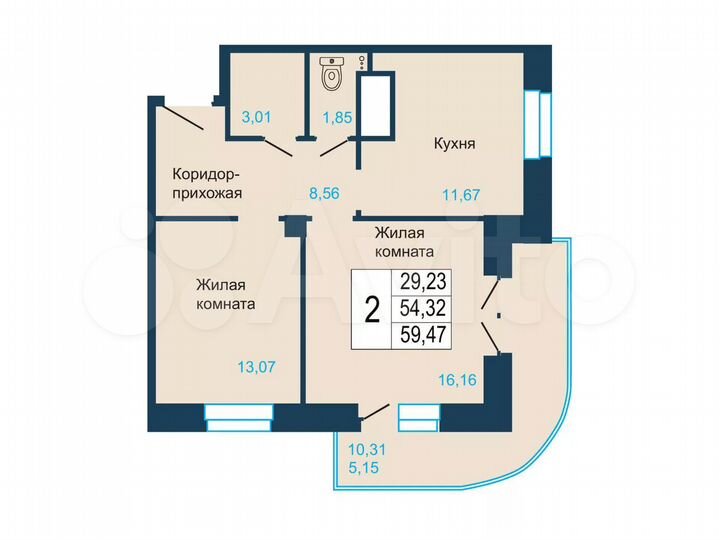 2-к. квартира, 59,5 м², 8/18 эт.