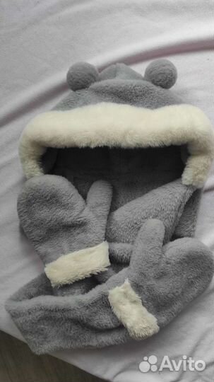 Шапка капор меховой с ушками и рукавицами