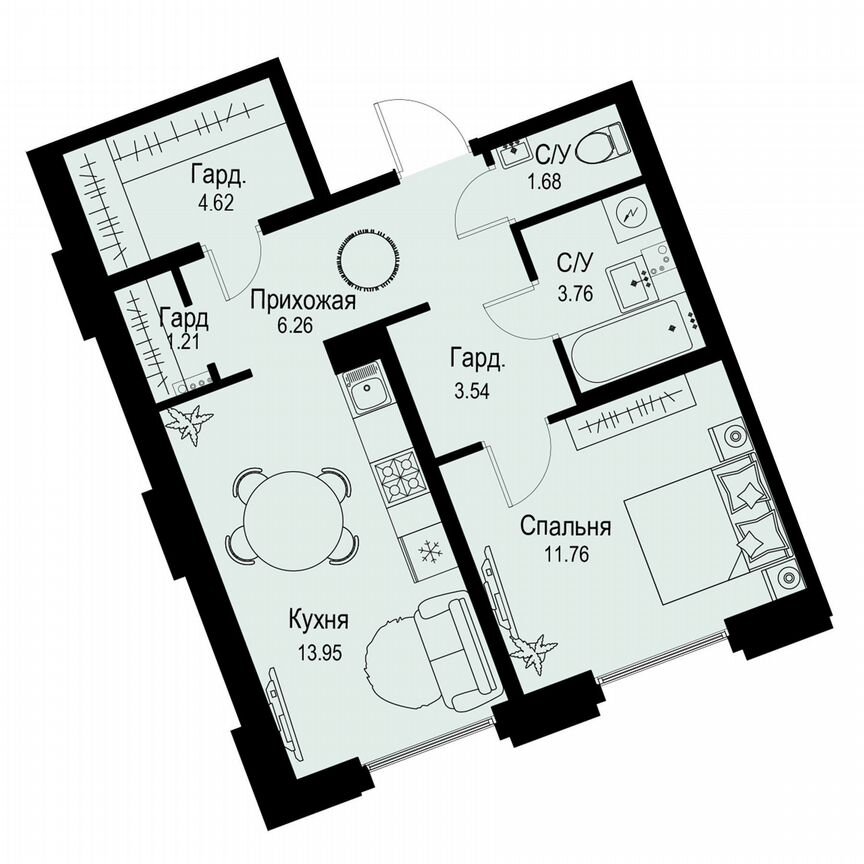 1-к. квартира, 46,8 м², 2/6 эт.