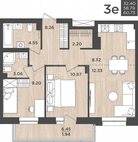 3-к. квартира, 60,7 м², 19/24 эт.