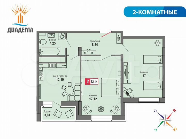 2-к. квартира, 62,1 м², 23/24 эт.