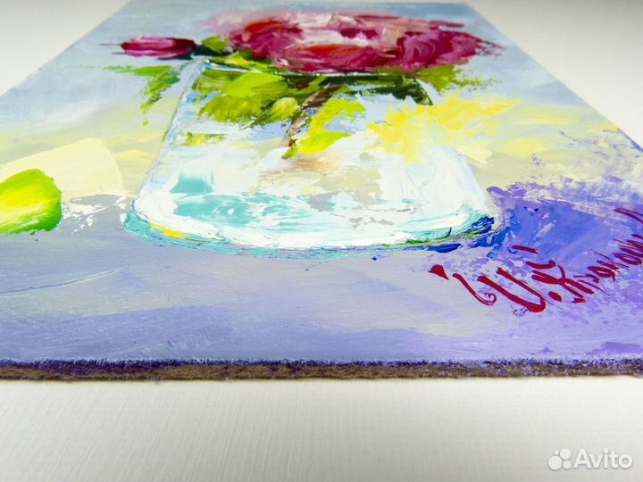 Картина маслом розы в стеклянной вазе