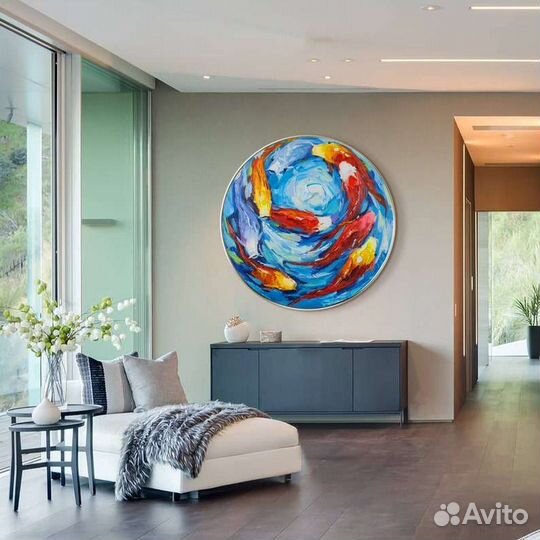 Круглая картина маслом кои