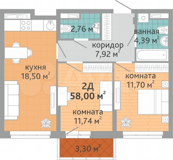 2-к. квартира, 58 м², 17/24 эт.