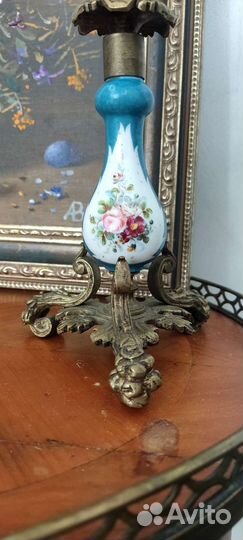 Старинные Подсвечники пара бронза,фарфор, роспись