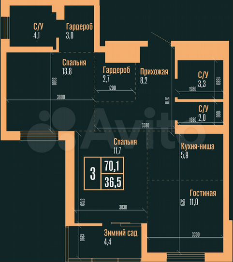 3-к. квартира, 70,1 м², 24/25 эт.