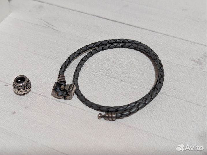 Pandora браслет кожаный с серебряным креплением