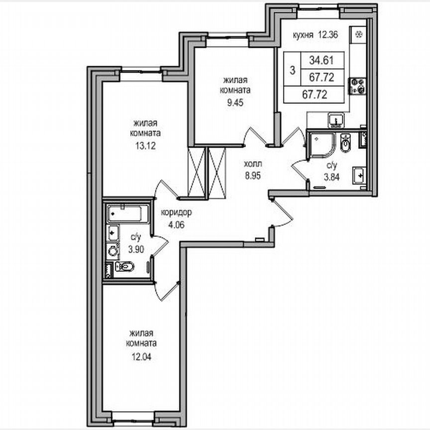 3-к. квартира, 68,6 м², 1/27 эт.