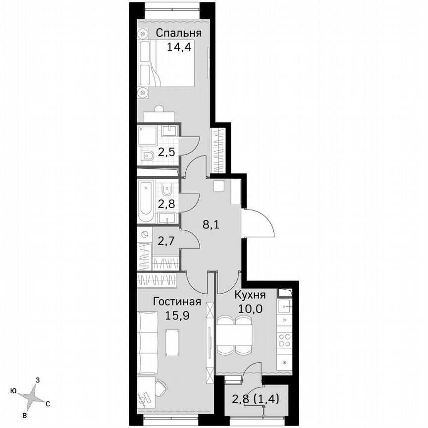 2-к. квартира, 58 м², 26/26 эт.