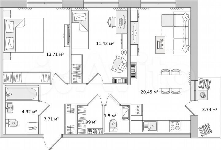 2-к. квартира, 61,1 м², 11/15 эт.