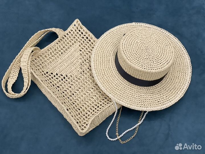 Соломенная шляпа канотье из рафии, ручная работа