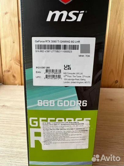 Видеокарта MSI Geforce rtx 3060 Ti Gaming LHR 8GB
