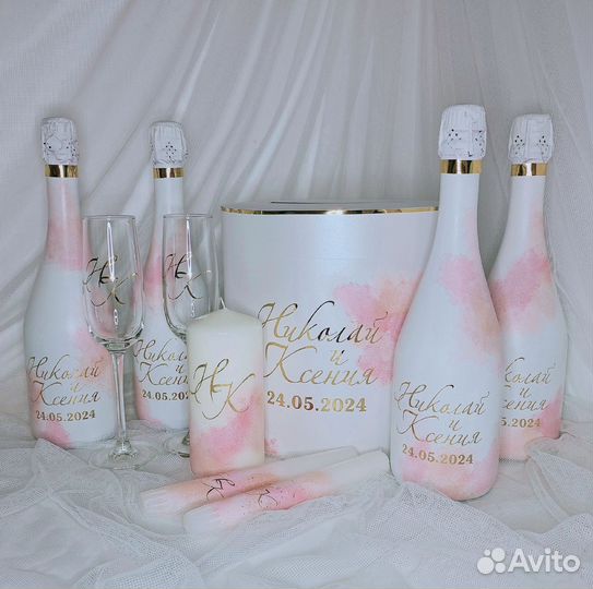 Свадебные бутылочки, казна, свечи, фужеры