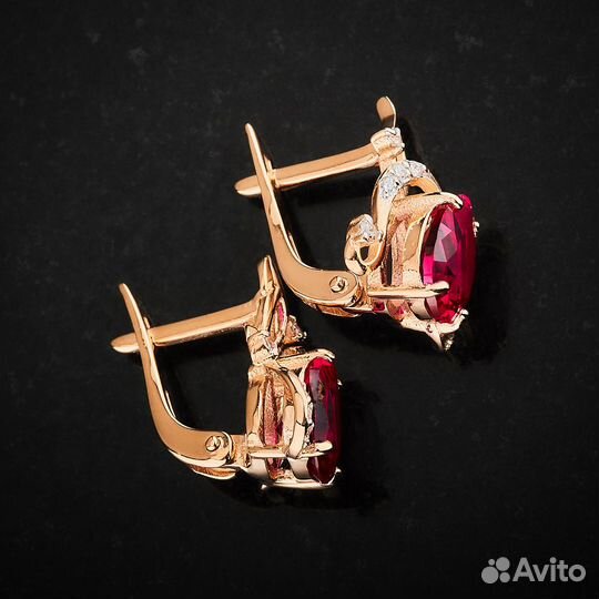 Серьги из красного золота с г.т. рубином и фианита