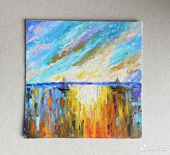 Картина маслом Морской пейзаж.Закат на море